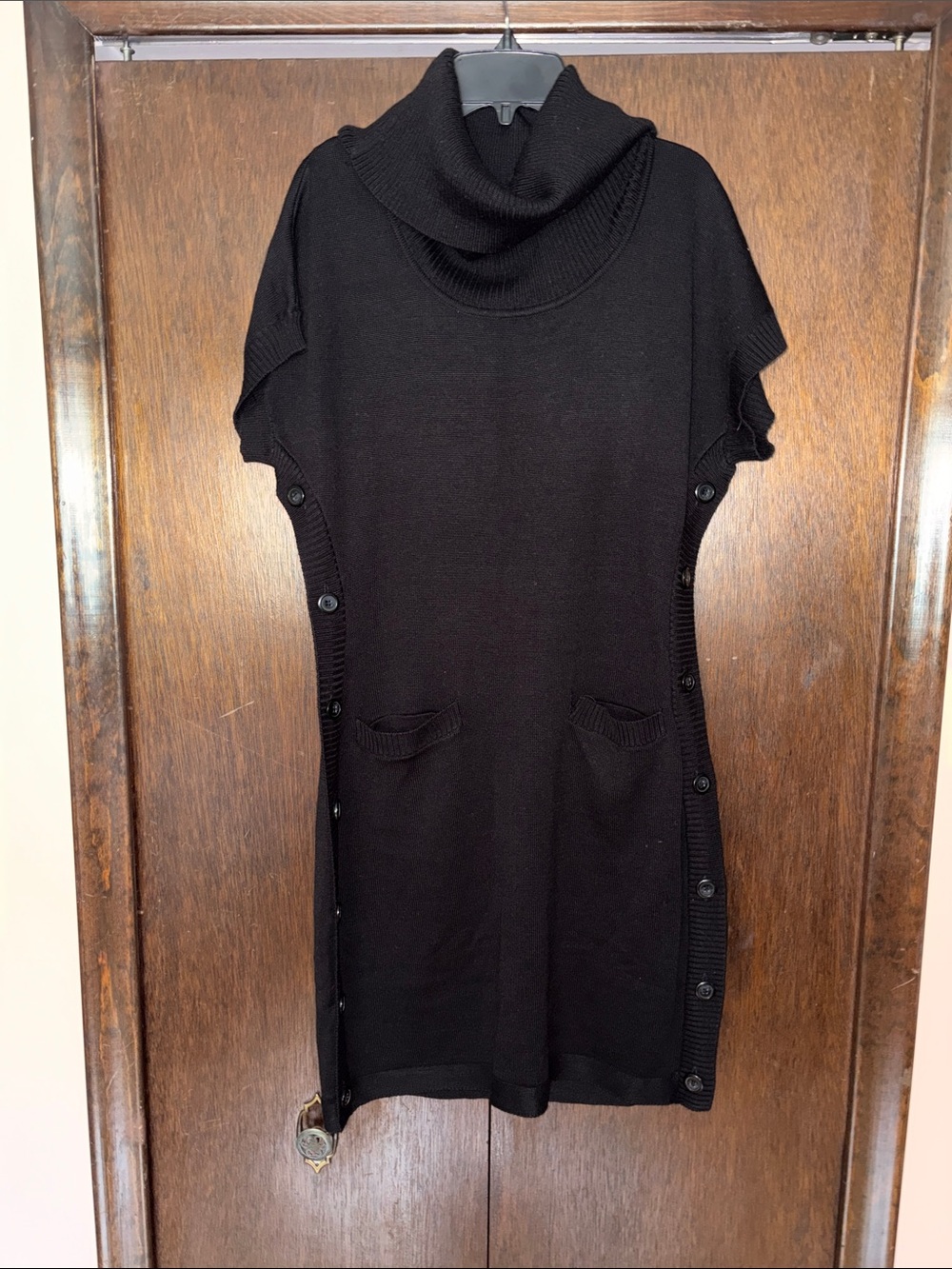 Black Knit Cowl Neck Button-Side Dress